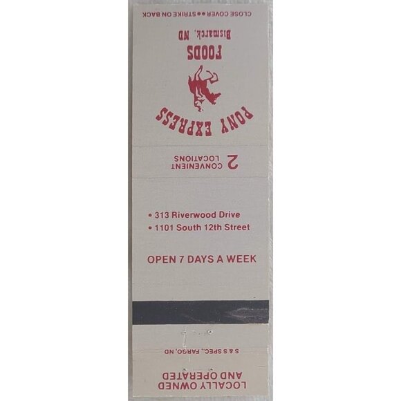 Matchbook Cover Pony Express Foods Bismarck ND North Dakota White Red Text - Picture 2 of 4
